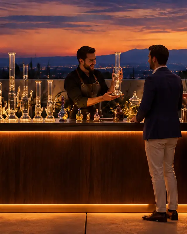 A Bong Tender presents a glass piece to a guest across the bar